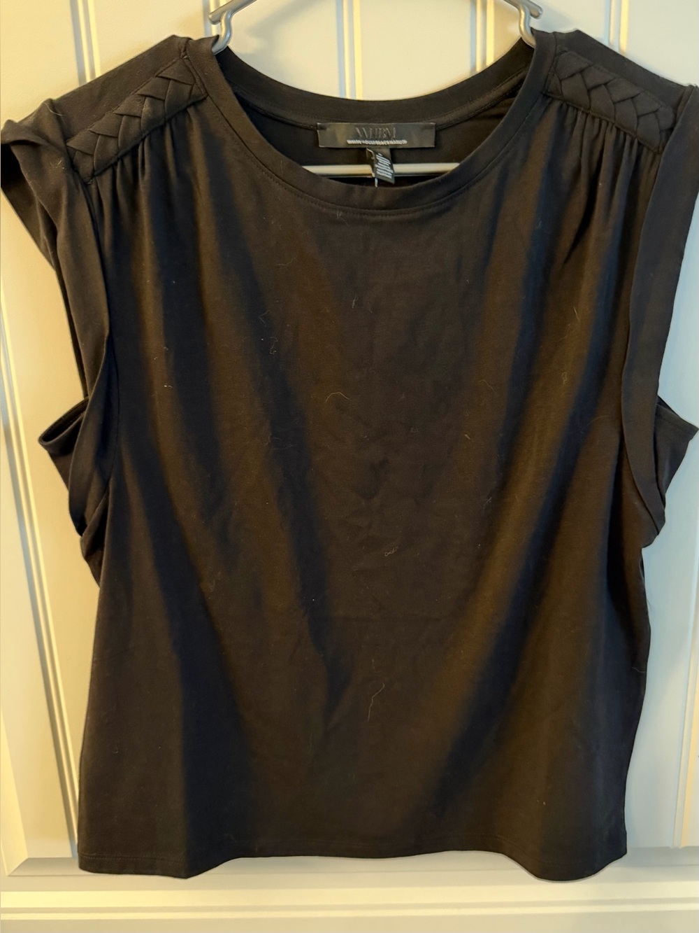 WHBM Black Sleeveless Tee with Braided Shoulder Detail